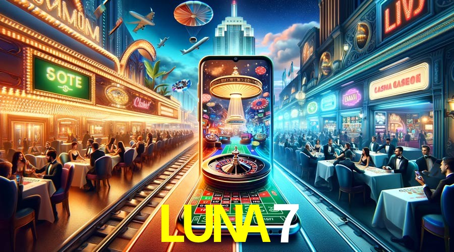 Una escena digital vívida inspirada en casino con LUNA7 mostrado prominentemente, luces brillantes, fichas, cartas y acentos dorados.