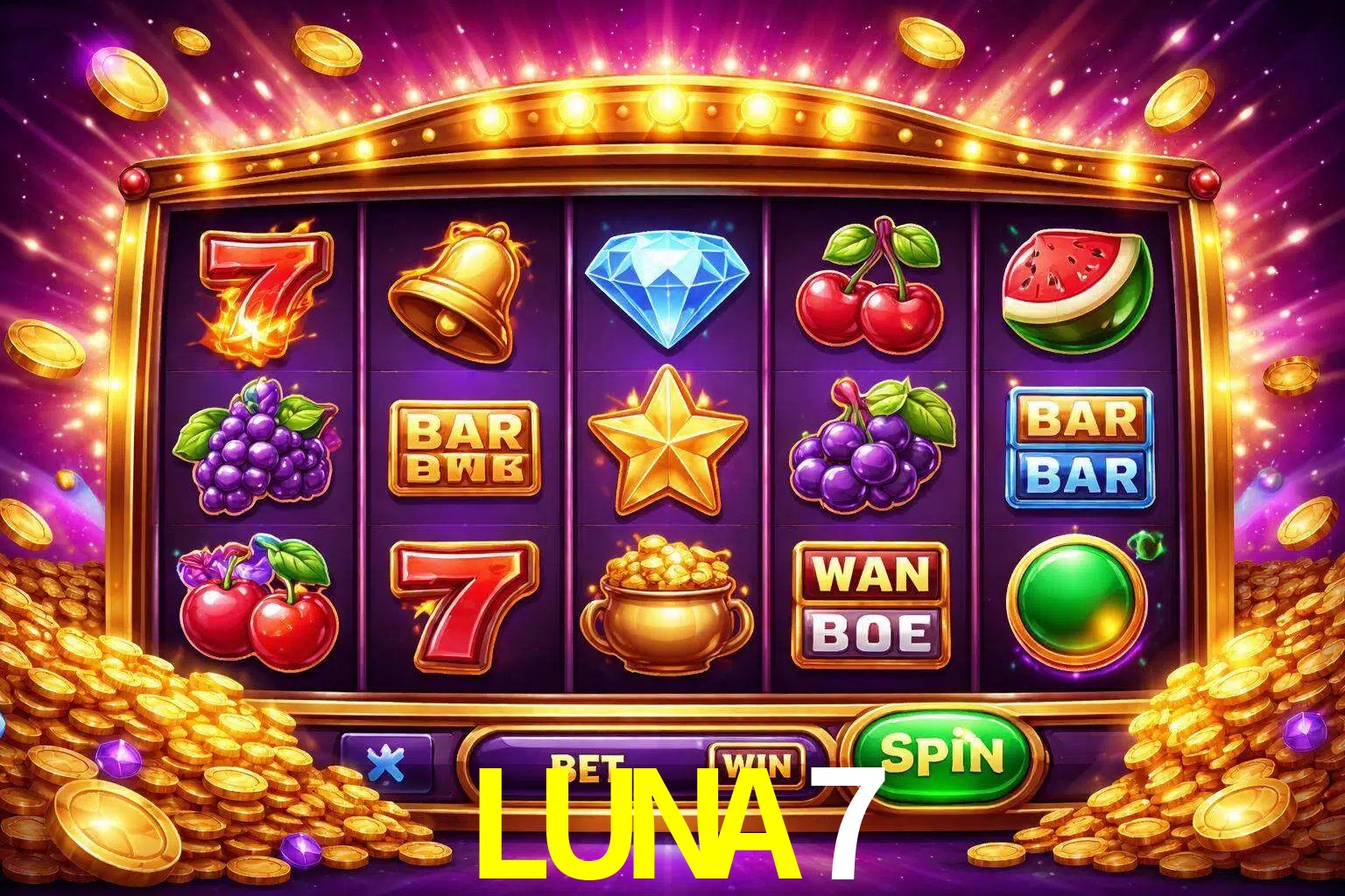 Una interfaz colorida de tragamonedas en línea con símbolos brillantes, monedas y un efecto de victoria celebratoria en LUNA7.