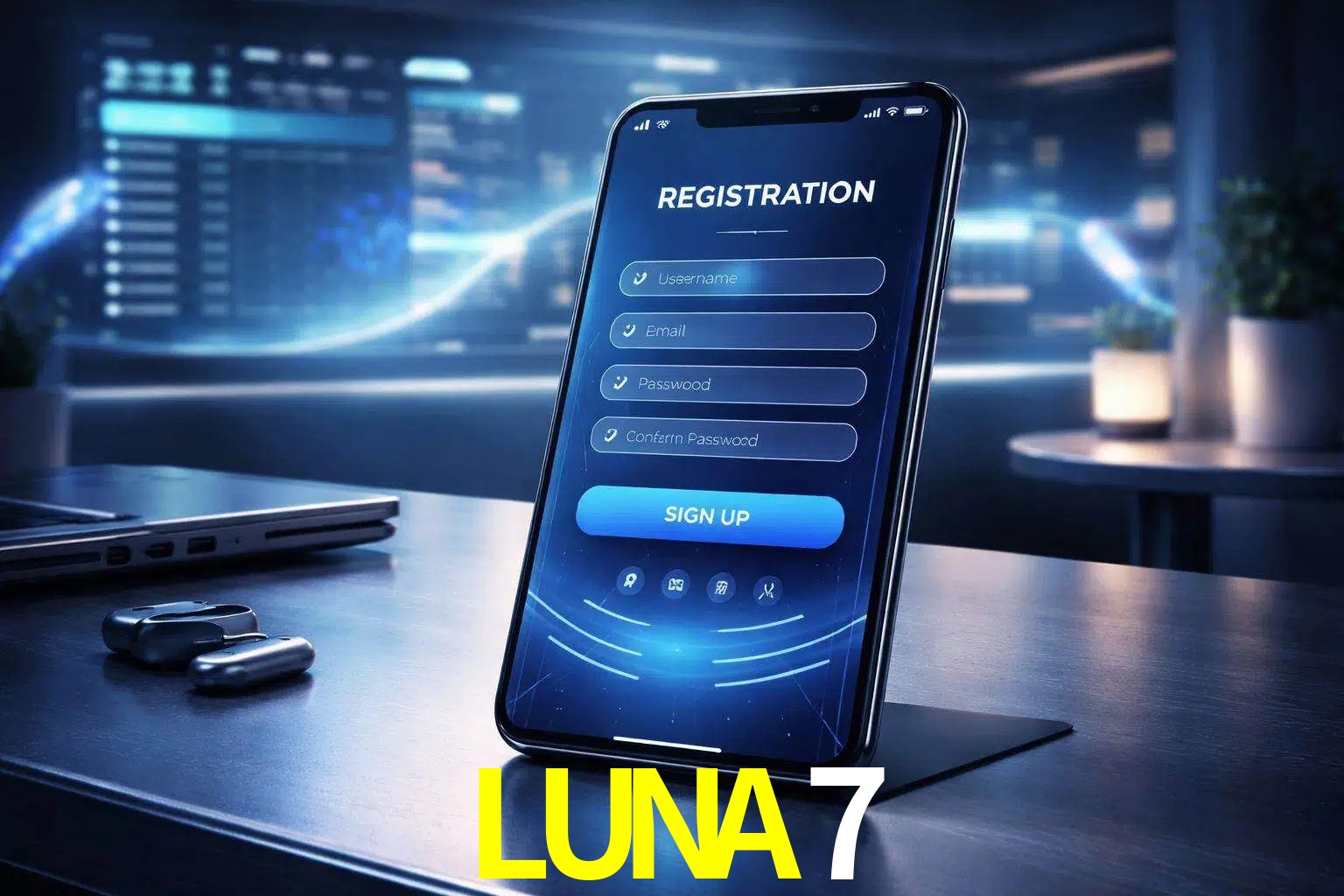 Una interfaz moderna de registro móvil para LUNA7 mostrada en un smartphone con un panel de apuestas elegante.